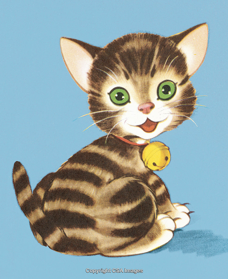 Adorable Cartoon Cat With Green Eyes and Yellow Bell Collar, Sitting Playfully