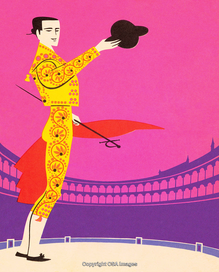Illustration of a Bullfighter Performing in Colorful Arena Background
