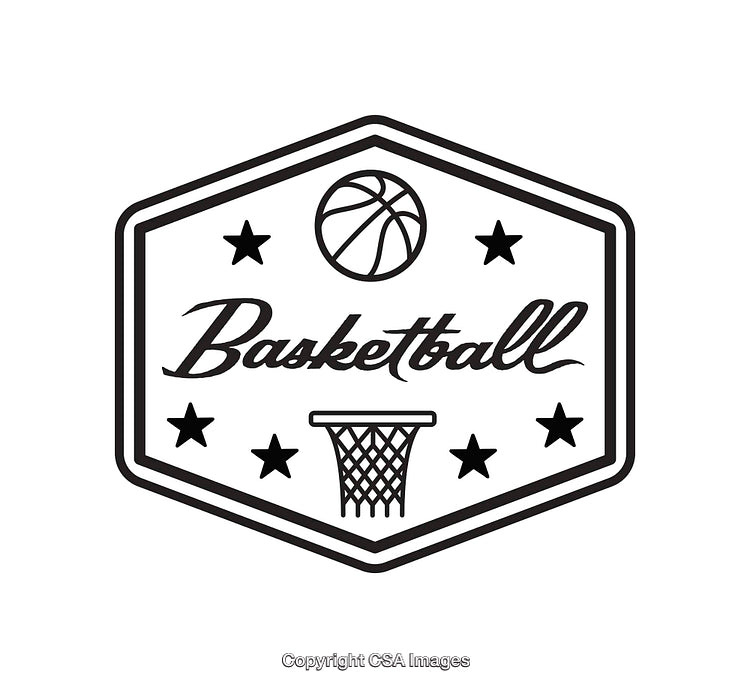 Minimalistic Black and White Basketball-Themed Logo Featuring a Hoop and Stars