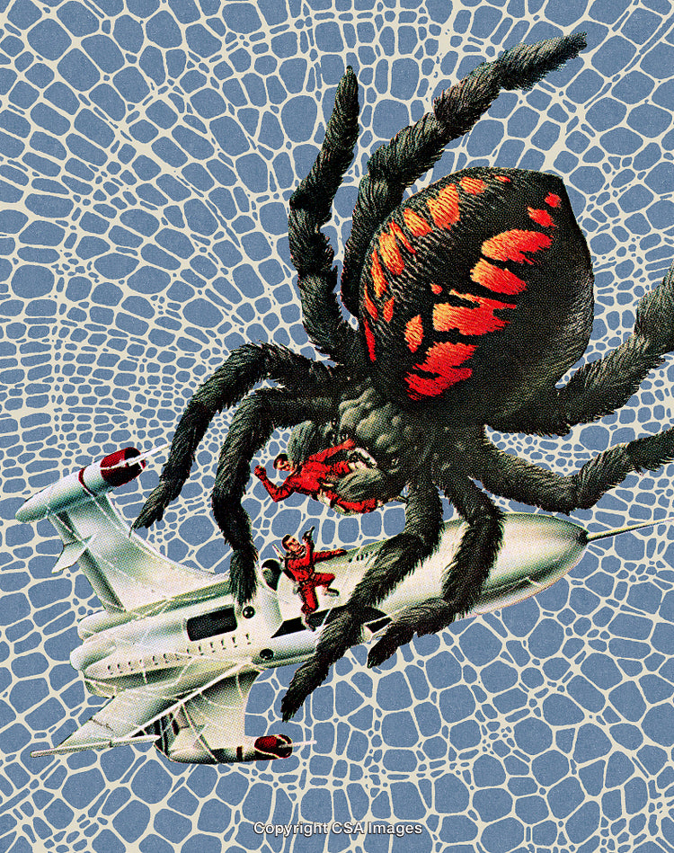 Giant Spider Attacking Airplane with Astronauts Caught in a Web