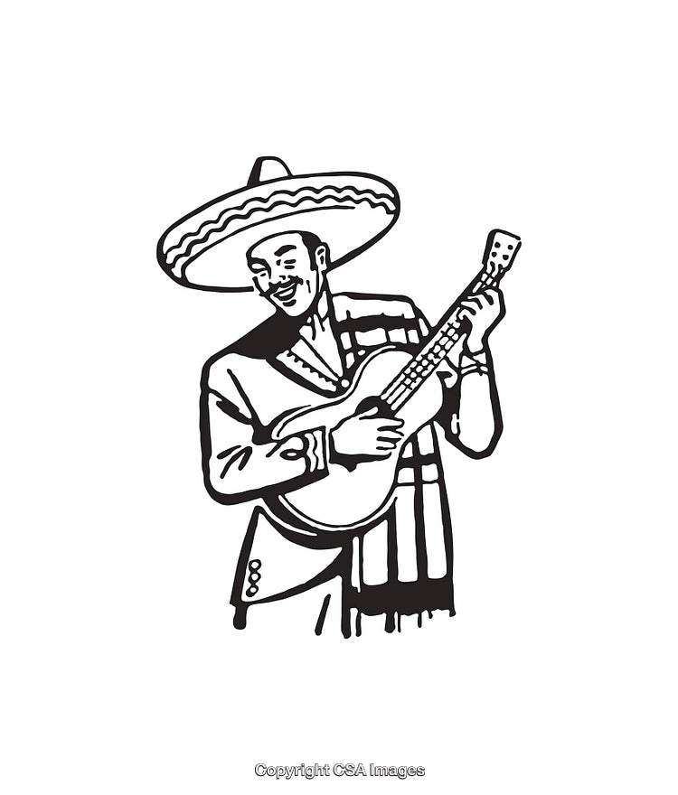 Black and White Illustration of a Musician Playing a Guitar