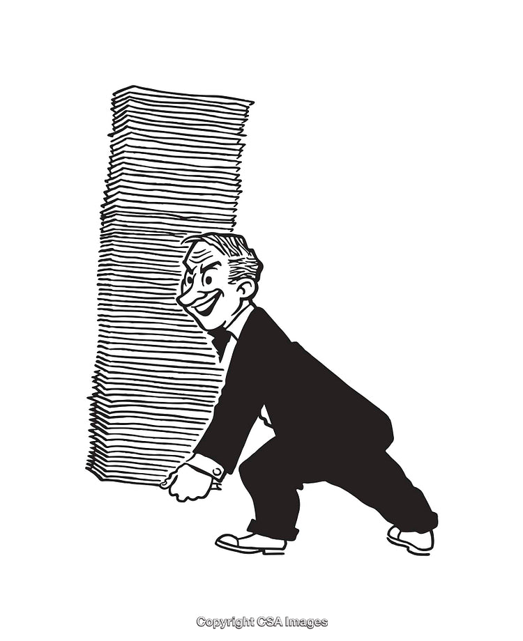 Retro Businessman Carrying a Large Stack of Papers in Black and White