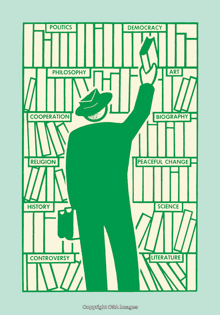 Illustration of a Man Browsing Books in a Library