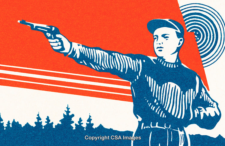 Retro Illustration of Target Shooter in Action With Bold Color Design