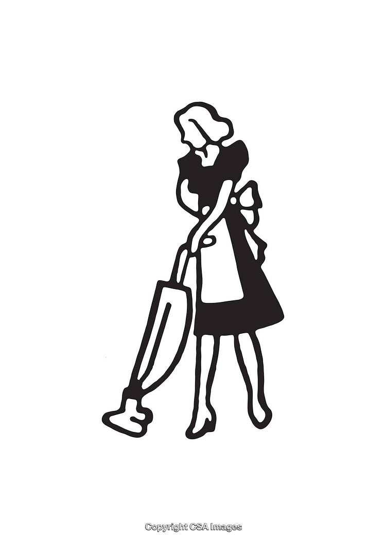 Monochrome Illustration of a Woman Operating a Traditional Vacuum Cleaner