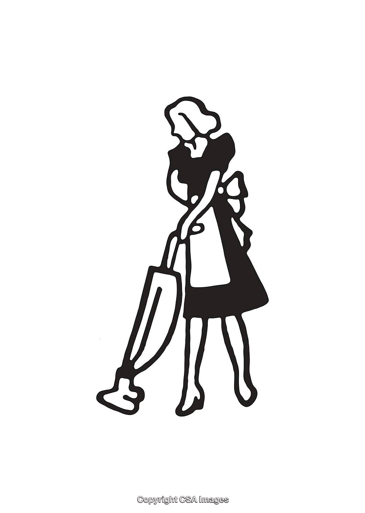 Monochrome Illustration of a Woman Operating a Traditional Vacuum Cleaner