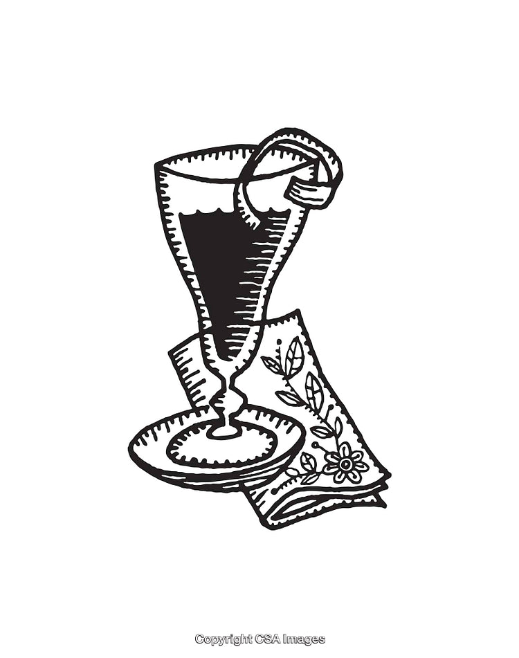 Vintage Black and White Illustration of Glass with Lemon and Decorated Napkin