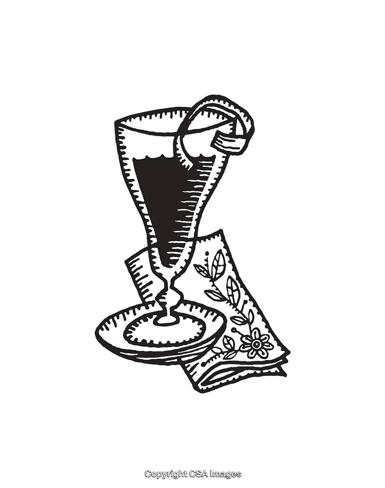 Vintage Black and White Illustration of Glass with Lemon and Decorated Napkin