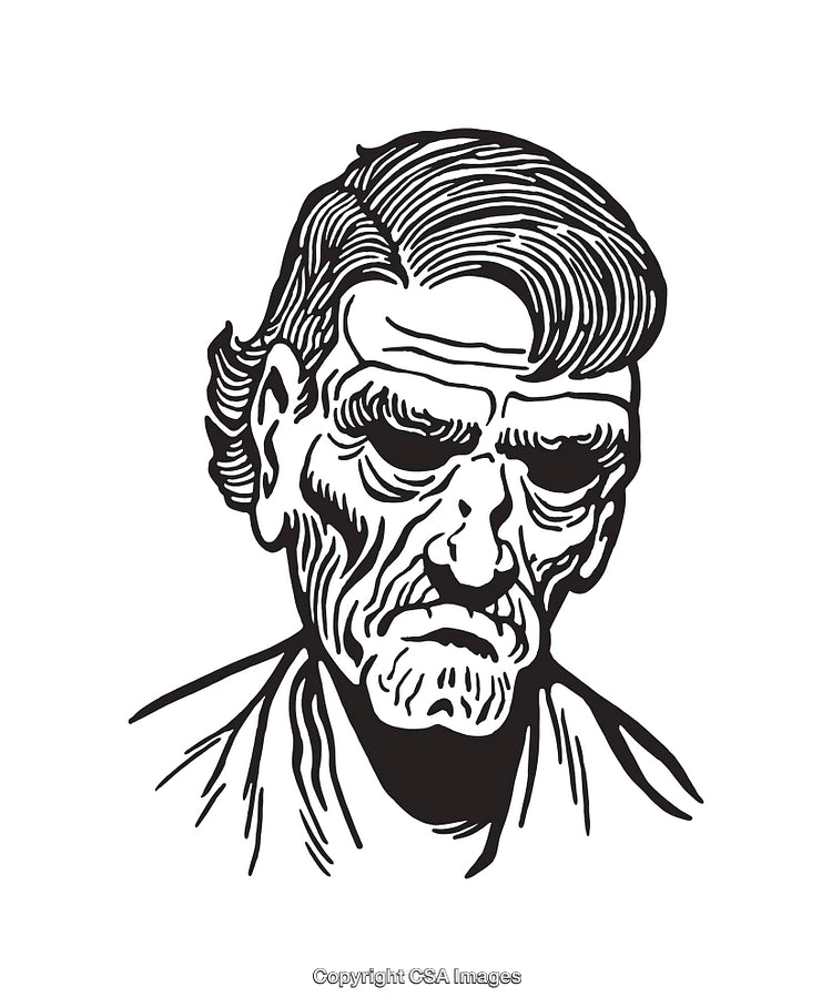 Monochromatic Line Art of Elderly Man with Thoughtful Expression