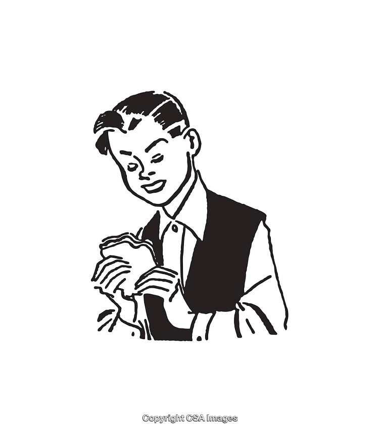 Vintage Black and White Illustration of a Boy Eating a Sandwich