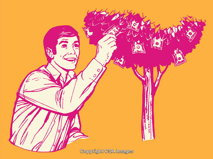Man Picking Money From A Tree in Vibrant Line Art Illustration