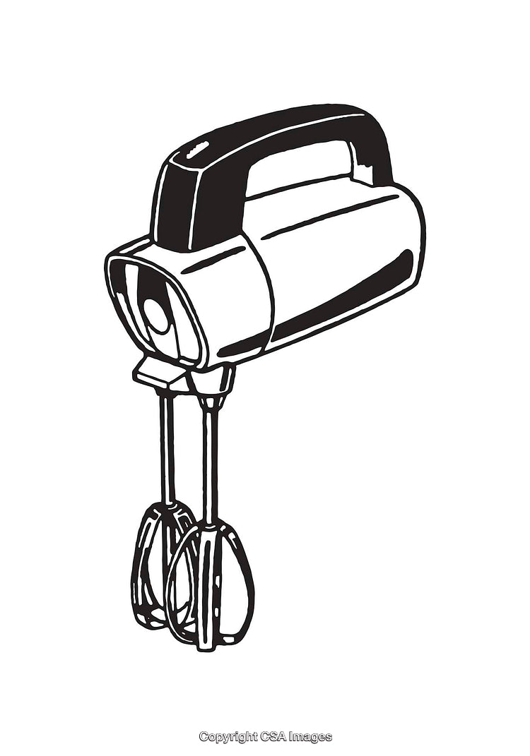 Black and White Line Art Illustration of a Handheld Kitchen Mixer