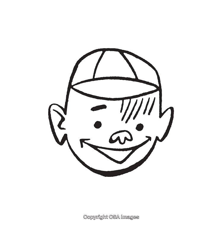 Playful Black and White Line Art Illustration of Cartoon Boy