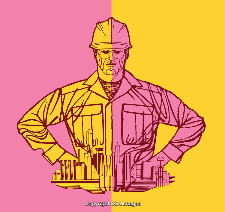 Colorful Line Art of Worker with Cityscape Silhouettes