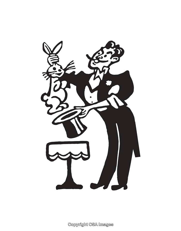 Magician Performing Rabbit Trick Illustration in Black and White