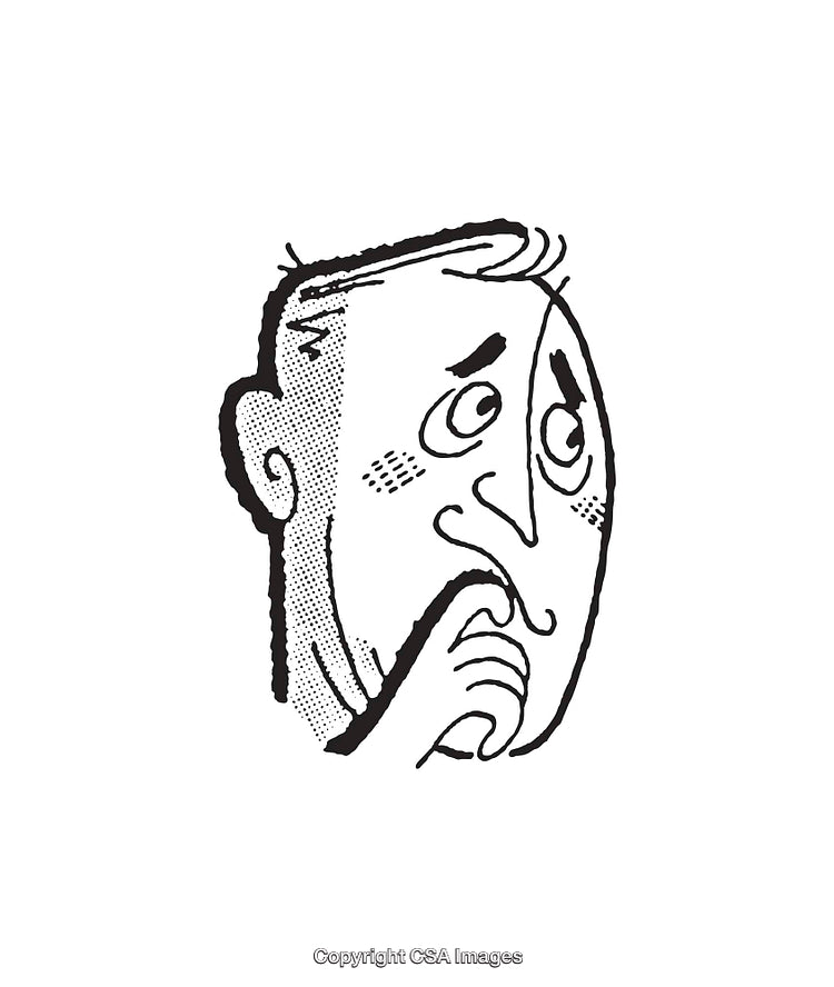Black and White Cartoon Illustration of a Worried Man with Hand to Mouth