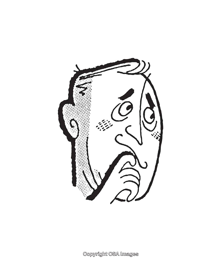 Black and White Cartoon Illustration of a Worried Man with Hand to Mouth