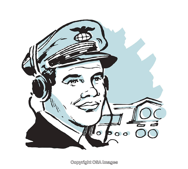 Vintage Illustration of a Pilot With Headset and Airplane Graphics in Blue