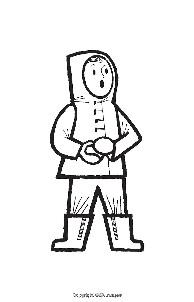 Black and White Line Art of a Character in Cold Weather Clothing