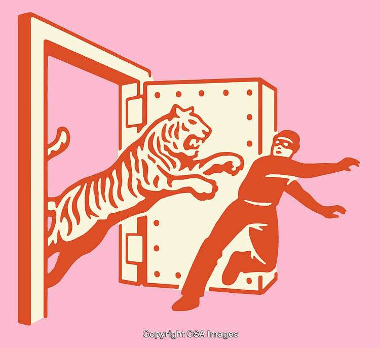 Surreal Illustration of Escaping Tiger with Masked Figure in Bold Colors