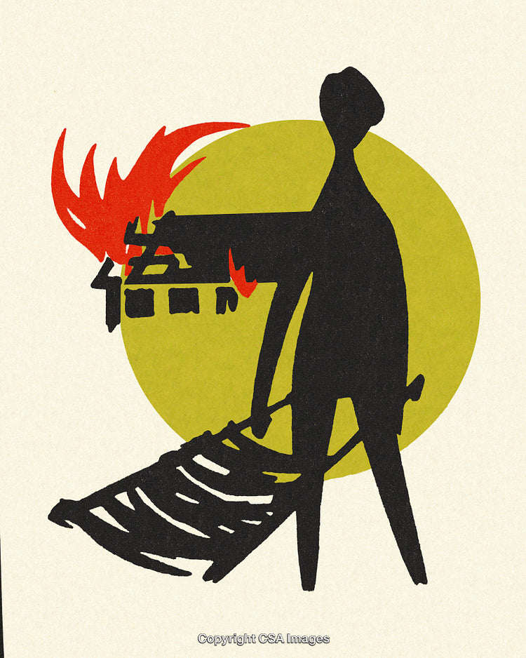 Abstract Illustration Depicting a Burning House and Silhouetted Figure