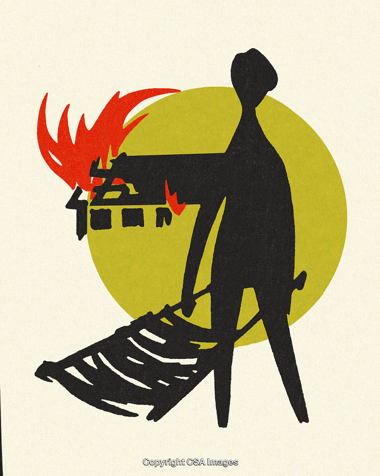 Abstract Illustration Depicting a Burning House and Silhouetted Figure