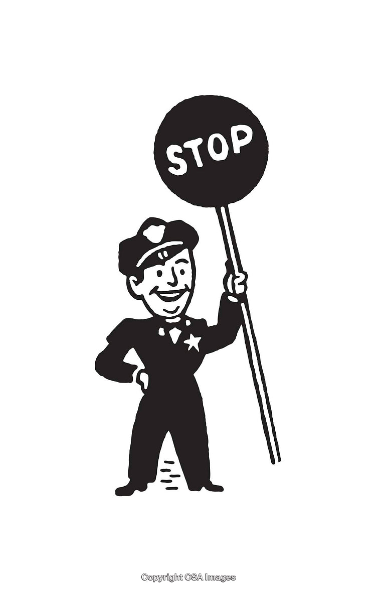 Cartoon Police Officer Holding a Stop Sign in Black and White Drawing