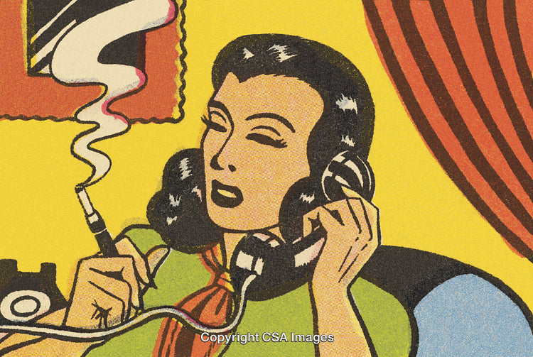 Retro Illustrated Woman Talking on Phone and Smoking in Bright Pop Art Style