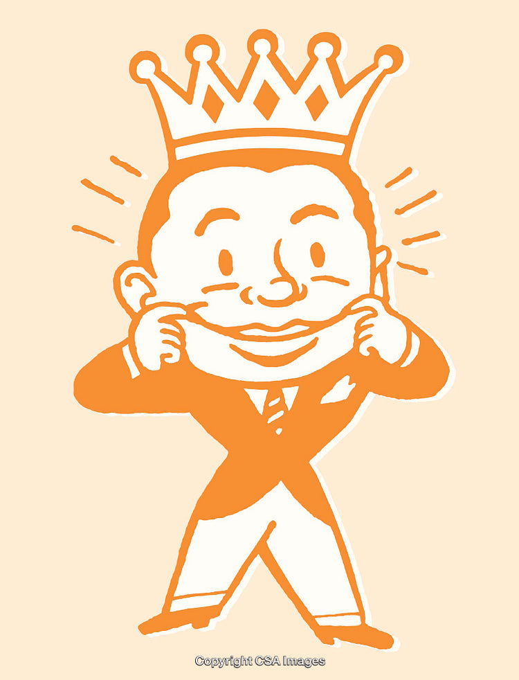 Vintage Style Cartoon of a Smiling Figure with a Crown Highlighting Joy