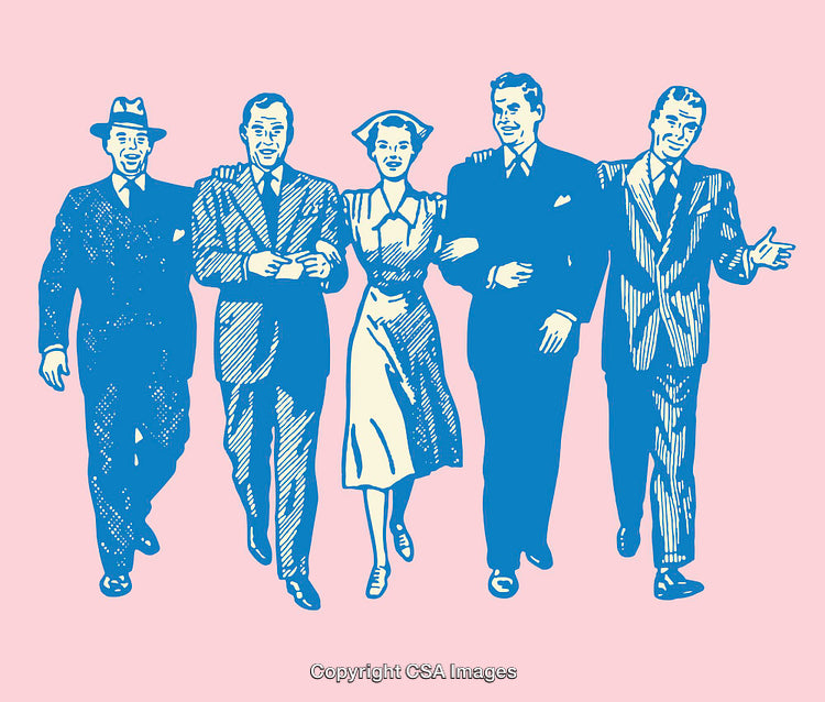 Retro Style Group of People Walking Together in Line Art Illustration