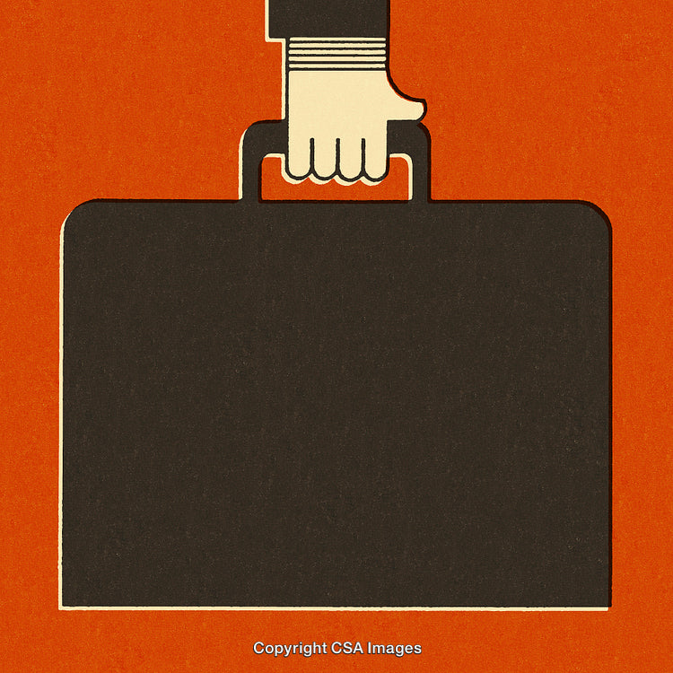 Minimalist Illustration of Hand Holding Briefcase on Bold Orange Background