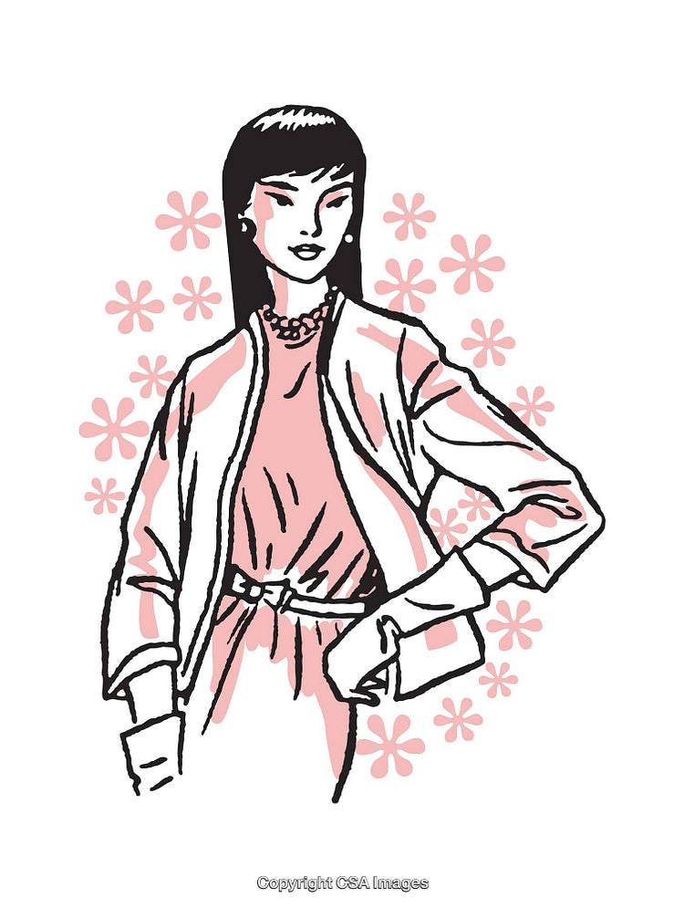 Stylish Woman in Pink Outfit With Floral Graphic Background