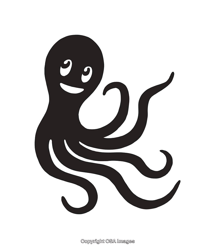 Black and White Smiling Octopus Graphic with Curvy Tentacles and Happy Expression