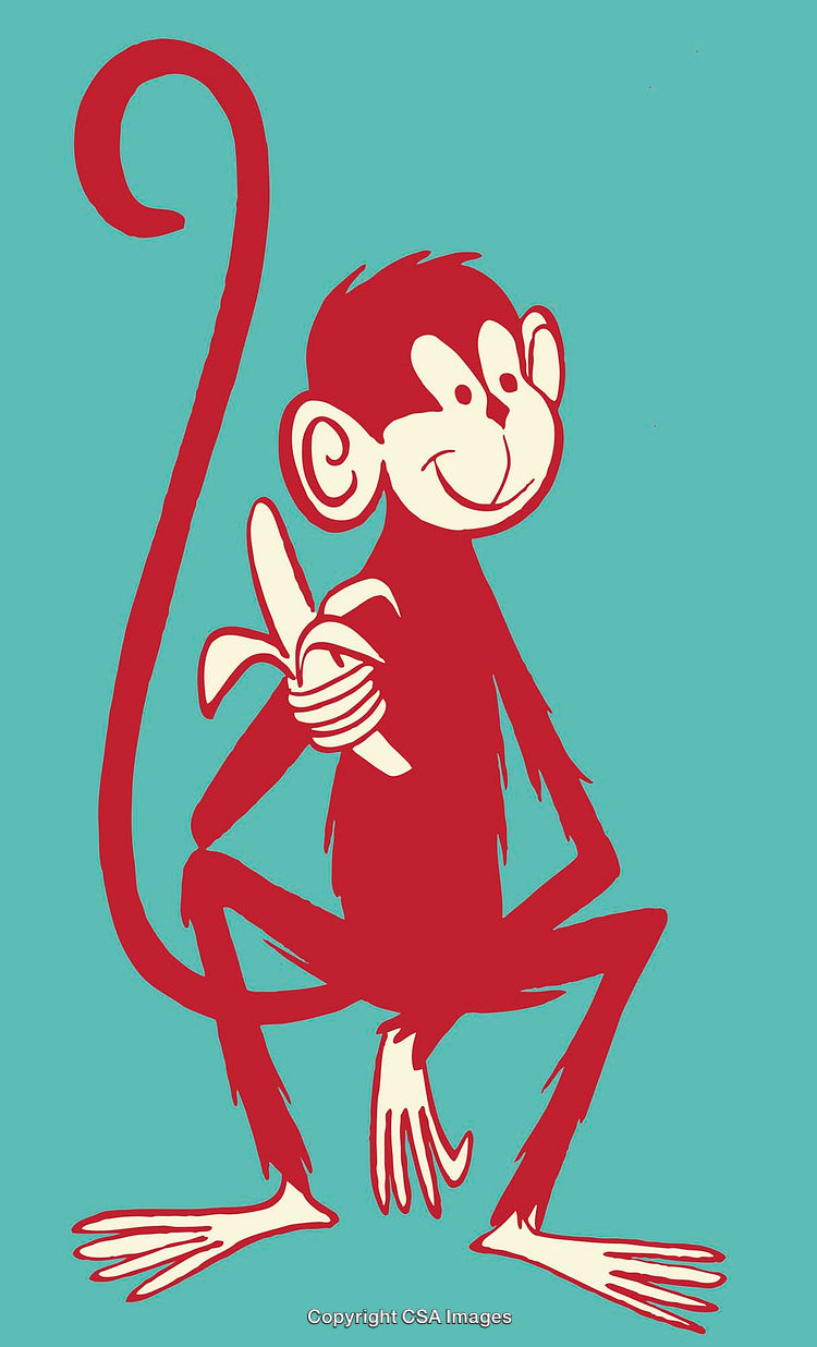 Playful Cartoon Monkey Holding Banana on Vibrant Turquoise Background