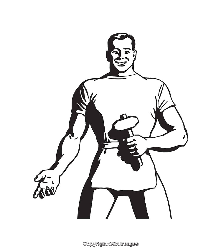 Black and White Line Art of a Worker Holding a Hammer