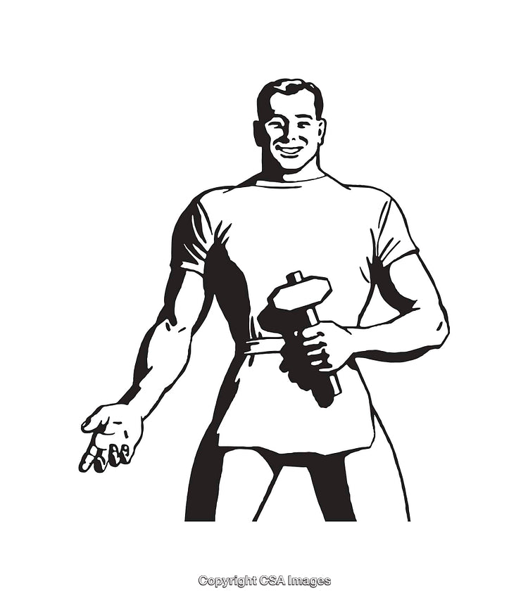 Black and White Line Art of a Worker Holding a Hammer