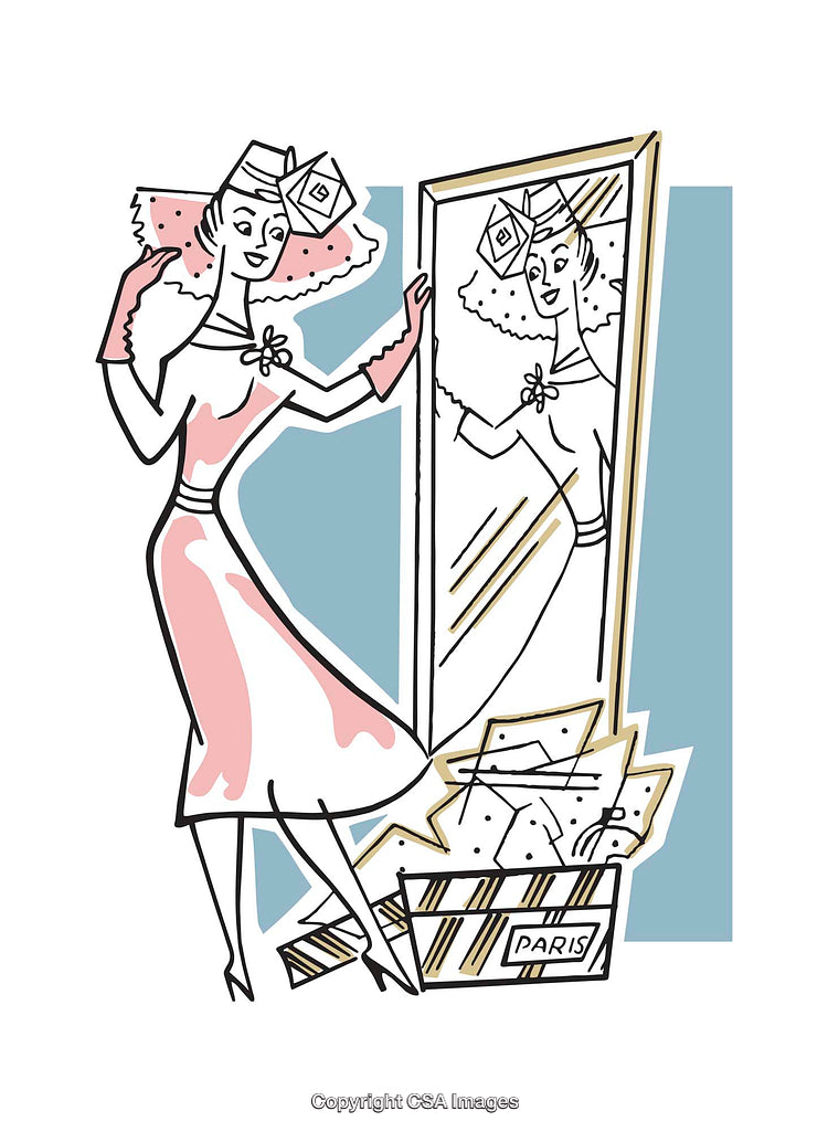 Elegant Woman Admiring Herself in a Stylish Mirror with Paris Travel Box