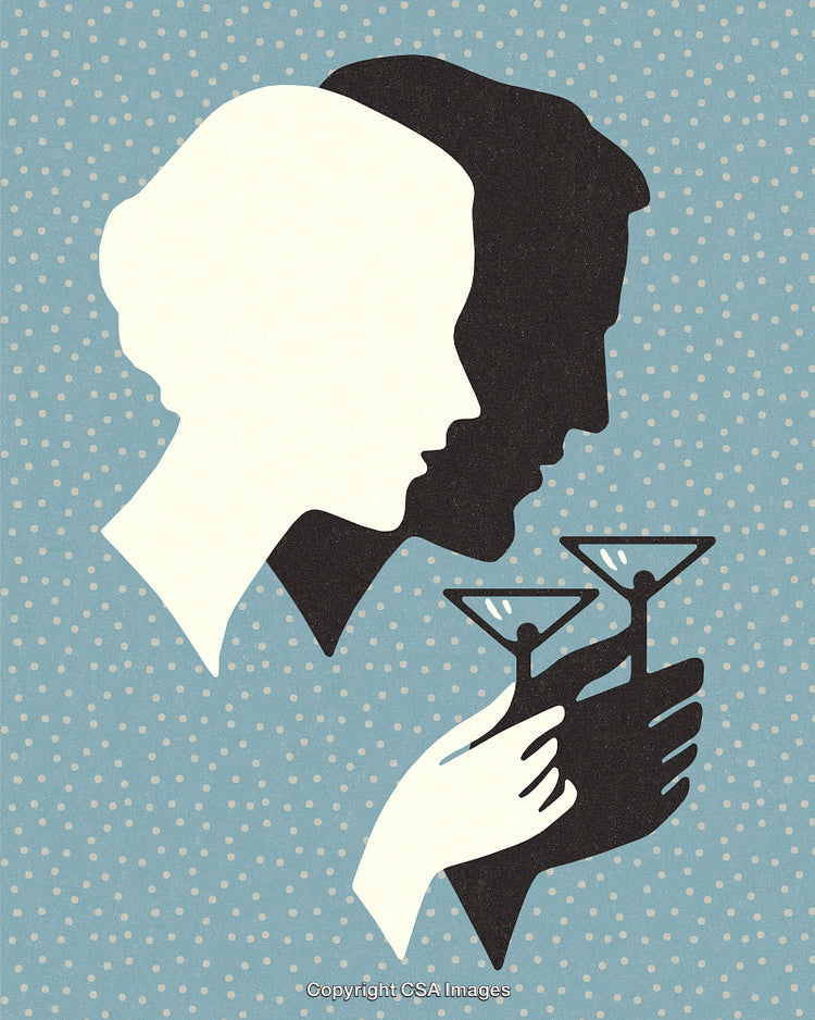 Silhouetted Couple Toasting with Martini Glasses on Polka Dot Background
