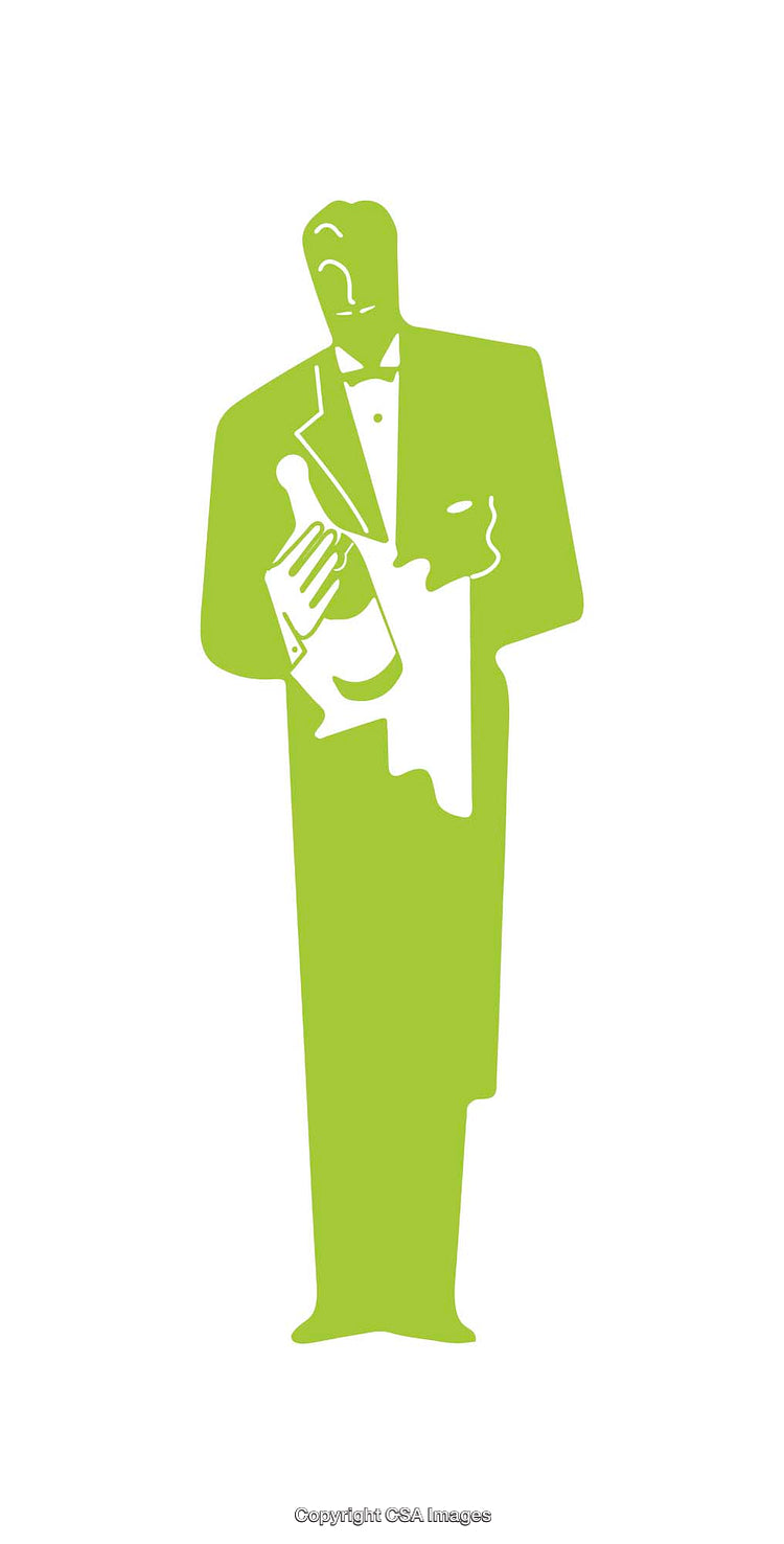 Elegant Green Silhouette of a Formal Waiter Holding a Bottle