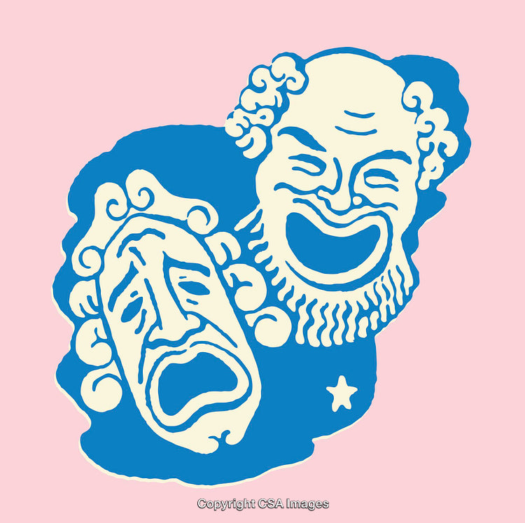 Vintage Theater Masks Illustrating Comedy and Tragedy on Colorful Background