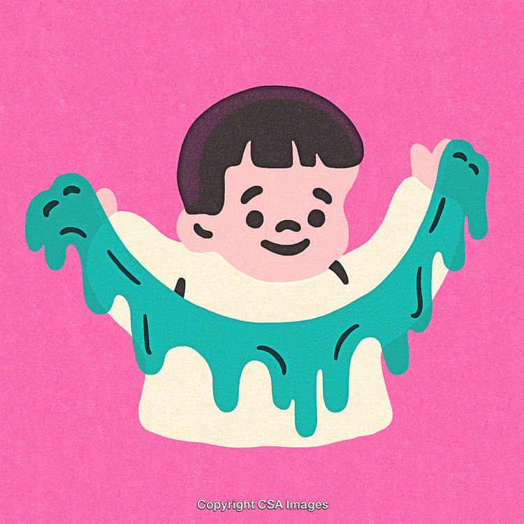 Child Exploring Slime With Happy Expression on Pink Background