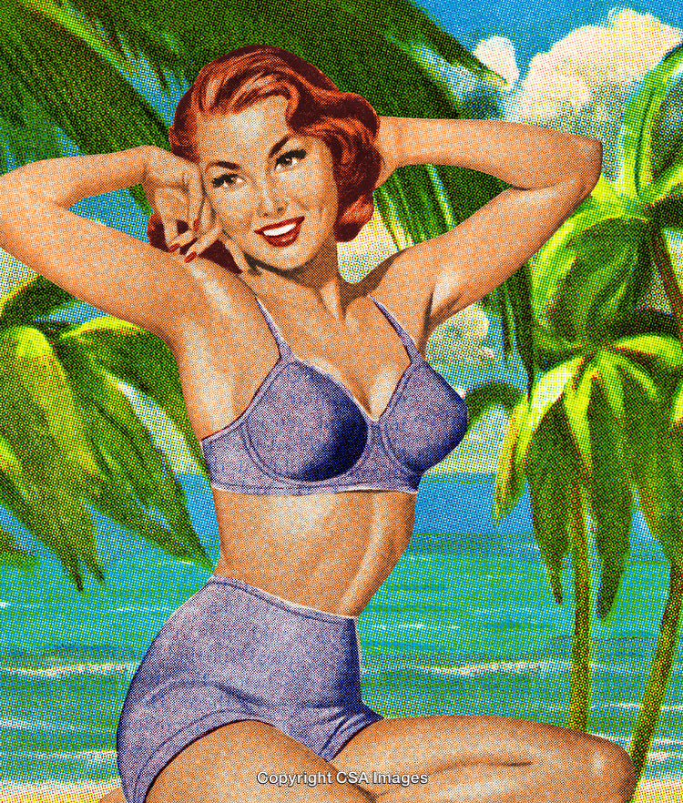 Vintage Illustration of a Stylish Woman on a Tropical Beach Setting