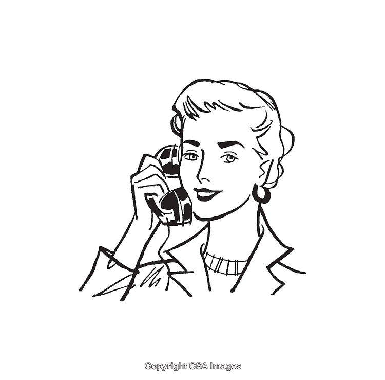 Retro Black and White Line Art of Woman Using a Telephone