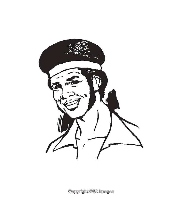 Stylized Black and White Illustration of Smiling Man in Vintage Attire