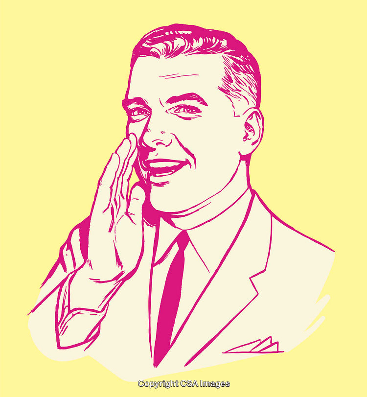 Vibrant Line Art Illustration of a Smiling Businessman Gesturing Secretively