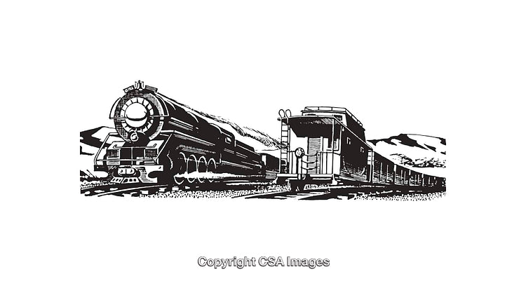 Vintage Steam Train and Caboose in Black and White Line Illustration
