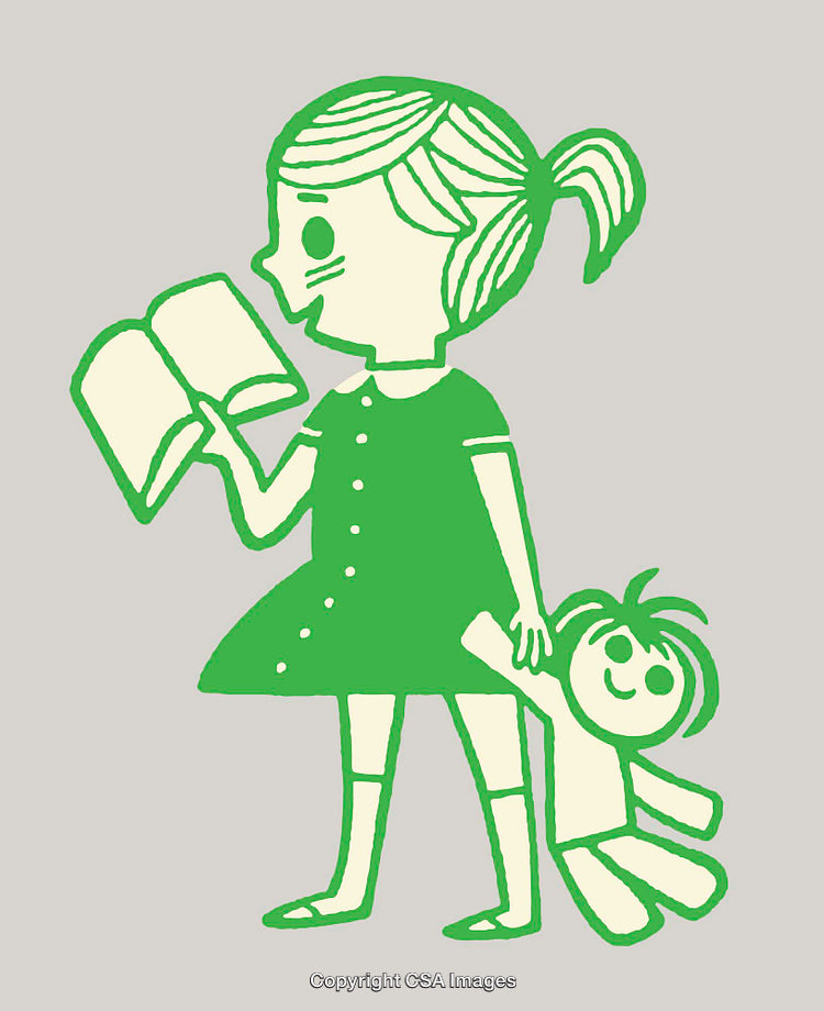 Illustration of a Girl Reading While Holding a Doll in Retro Style