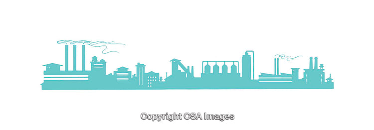 Industrial Skyline Silhouette Featuring Smokestacks and Factory Buildings in Blue Tint