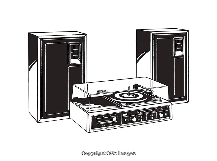 Vintage Line Art Illustration of Stereo Equipment with Speakers