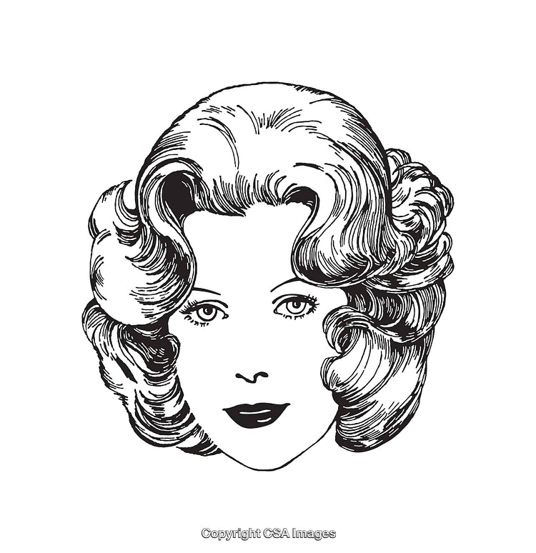 Vintage Black and White Illustration of a Woman's Face with Retro Hairstyle